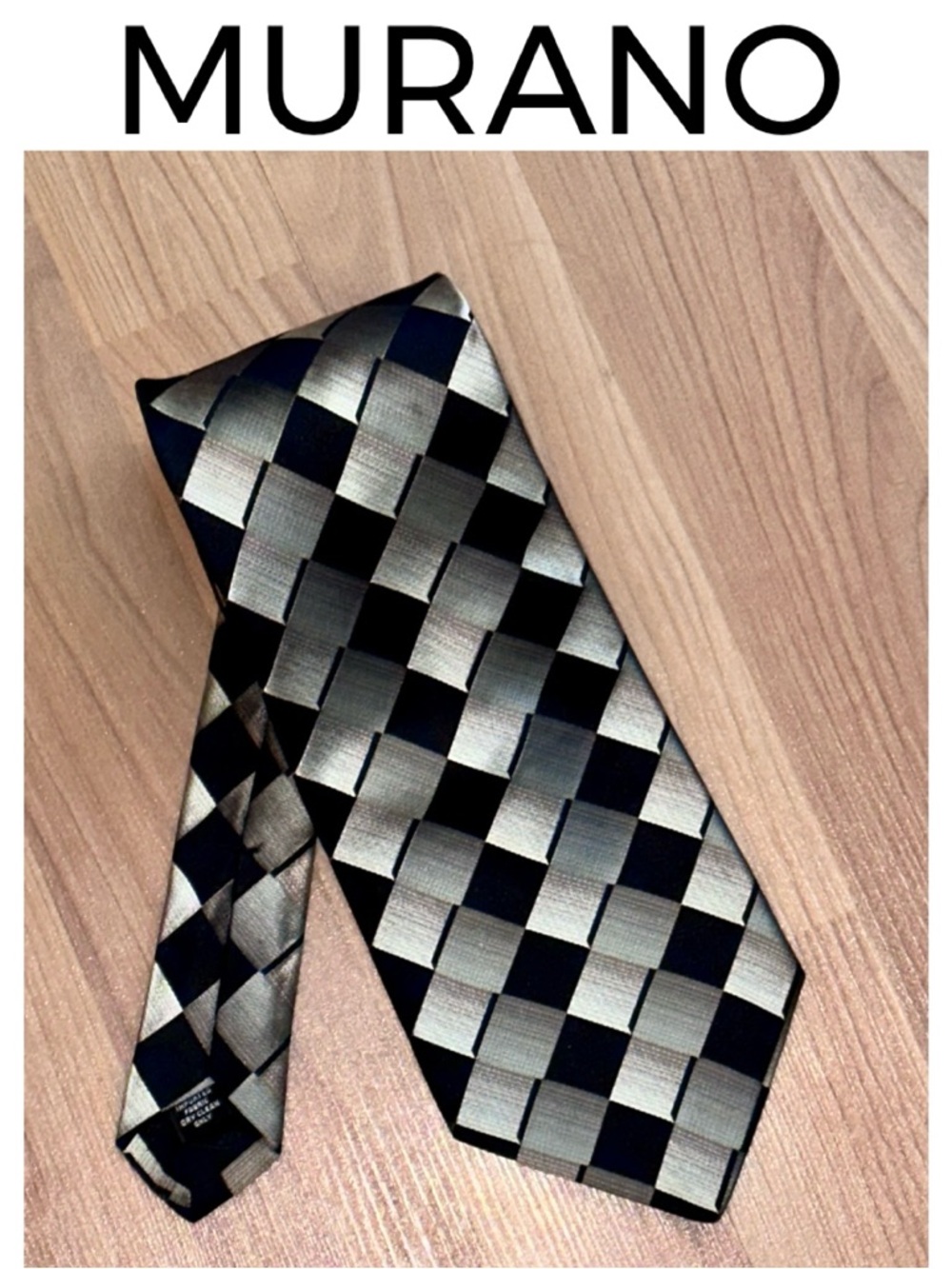 MURANO 100% Silk Tie Black Gray Tan Blocks Cubes Diamond Squares